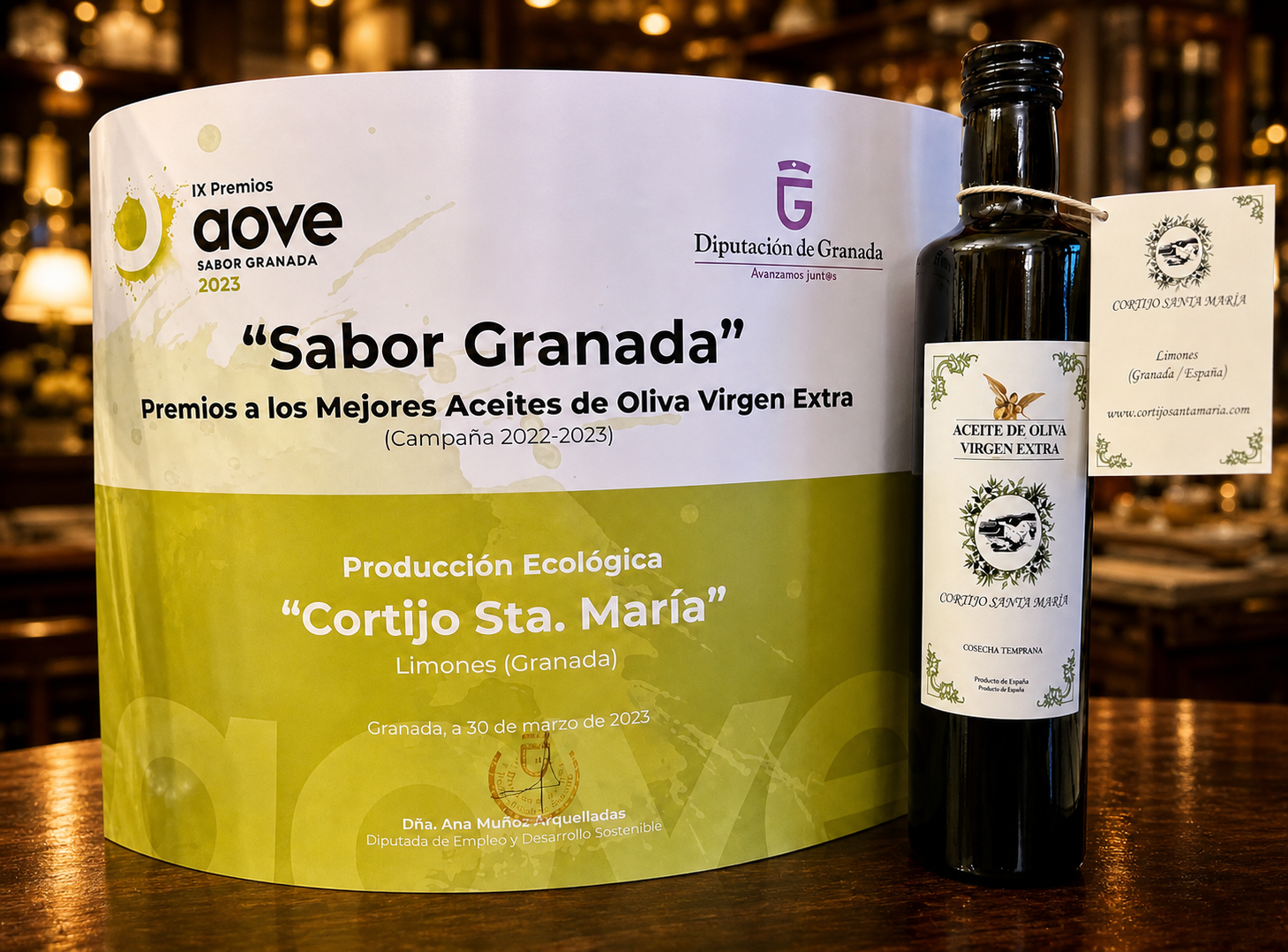 Certificado del premio Sabor Granada 2023 concedido a Cortijo de Santa María como mejor AOVE de producción ecológica